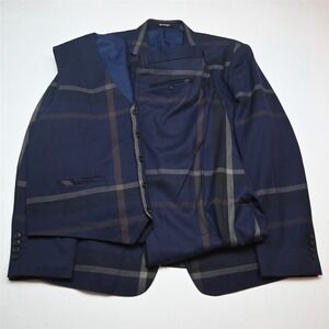 Kudoro‎ 48L 36x34 Blue Plaid Slim 3 Piece Vest Mens Jacket Pants Suit